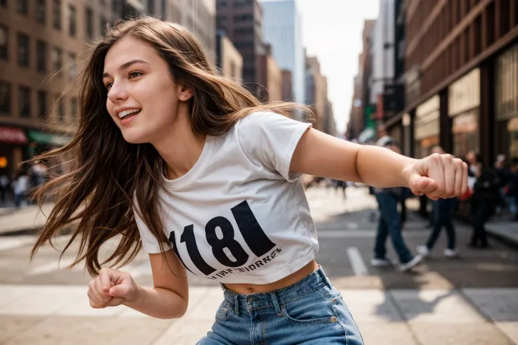 photo of a 18 year old girl,punching viewer,incoming punch,bare fist,happy,shirt,outdoor,windy,street,crowded,new york city,sunny,ray tracing,detail shadow,shot on Fujifilm X-T4,85mm f1.2,sharp focus,depth of field,blurry background,bokeh,motion blur,<lora:add_detail:1>,