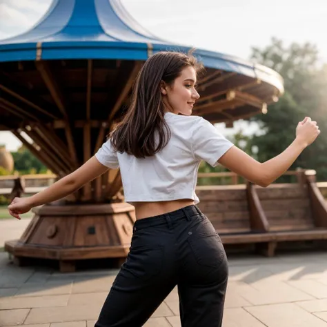 full body,from side and behind,photo of a 18 year old girl,looking at viewer,dancing,happy,bare hands,shirt,pants,outdoor,windy,theme park,ray tracing,detail shadow,shot on Fujifilm X-T4,85mm f1.2,depth of field,blurry background,bokeh,motion blur,<lora:add_detail:1>,