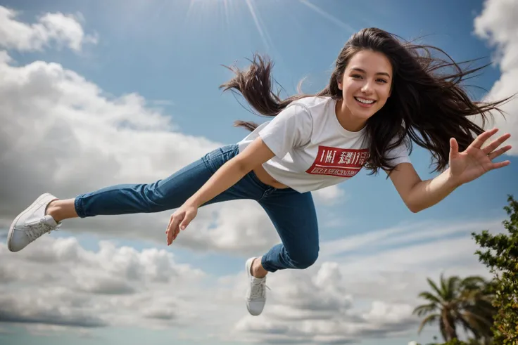full body,photo of a 18 year old girl,diving from the sky,happy,laughing,shirt,looking at viewer,pants,shoes,windy,blue sky,white cloud,ray tracing,detail shadow,shot on Fujifilm X-T4,85mm f1.2,sharp focus,depth of field,blurry background,bokeh,motion blur,<lora:add_detail:1>,