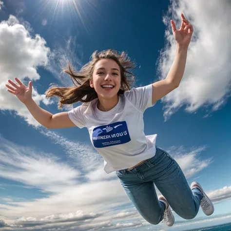 full body,from below,photo of a 18 year old girl,diving from the sky,happy,laughing,shirt,pants,shoes,windy,blue sky,white cloud,ray tracing,detail shadow,shot on Fujifilm X-T4,85mm f1.2,sharp focus,depth of field,blurry background,bokeh,motion blur,<lora:add_detail:1>,