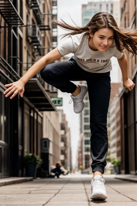 full body,from below,photo of a 18 year old girl,parkour,happy,looking at viewer,shirt,pants,shoes,outdoor,windy,crowded street,New York City,ray tracing,detail shadow,shot on Fujifilm X-T4,14mm f1.8,sharp focus,depth of field,blurry background,bokeh,motion blur,<lora:add_detail:1>,