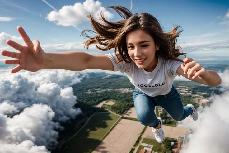 full body,from above,photo of a 18 year old girl,diving from the sky,happy,laughing,shirt,looking at viewer,pants,shoes,windy,blue sky,white cloud,ray tracing,detail shadow,shot on Fujifilm X-T4,85mm f1.2,sharp focus,depth of field,blurry background,bokeh,motion blur,<lora:add_detail:1>,
