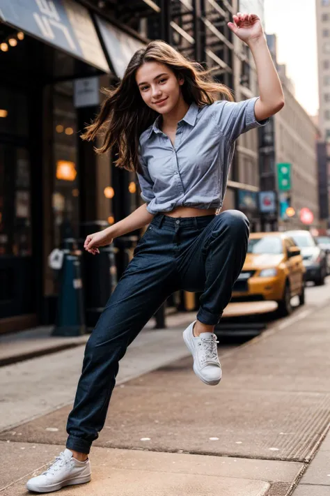 photo of a 18 year old girl,happy,(bare hands:1.2),shirt,pants,outdoor,windy,street,crowded,new york city,ray tracing,detail shadow,shot on Fujifilm X-T4,85mm f1.2,sharp focus,depth of field,blurry background,bokeh,motion blur,<lora:add_detail:1>,