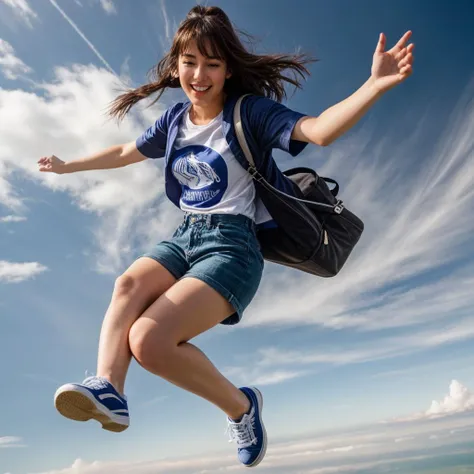 full body,from above,photo of a 18 year old girl,diving from the sky,happy,laughing,shirt,pants,shoes,windy,blue sky,white cloud,ray tracing,detail shadow,shot on Fujifilm X-T4,85mm f1.2,sharp focus,depth of field,blurry background,bokeh,motion blur,<lora:add_detail:1>,