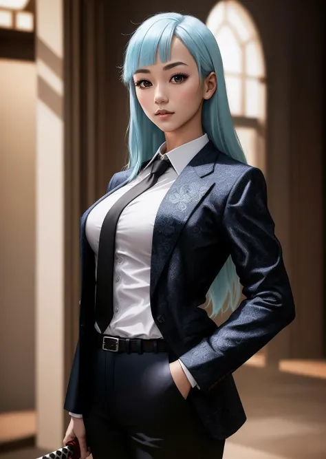 tra realistic 8k cg, masterpiece, ((ultra detailed background, delicate pattern, intricate detail)), (highly detailed, fine details,), beautiful detailed face and eyes and hair, miwaKasumi, 18 years, 1 girl, light blue hair, long hair, medium , blunt bangs, suit, black jacket, open jacket,  black tie, white shirt, black pants, katana,full body, cowboy shot, sexy pose,  <lora:MiwaKasumi_v1:0.8>