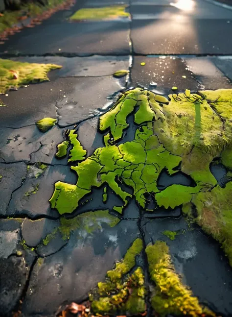 a map of Europe on the asphalt, cracked, moss, low angle from below, sunlight, 8k, F2.8, RAW Photo, ultra detailed,   <lora:- SDXL - blk_weathered_asp_V1.0:0.7>  <lora:xl_more_art-full_v1:0.7>