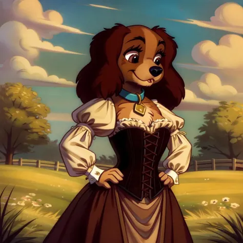 masterpiece, best quality, detailed, cocker spaniel, detailed eyes, perfect eyes, cocker spaniel, solo, smile, standing, outdoors, field, grass, clouds,, collar, lady \(ladyandthetramp\), dog ear, animal nose, dog, Victorian dress, corset, furry, furry female, anthro, anthropomorphic, standing, hands on hips, (uploaded on e621), (((by buried_frog))
<lora:Ladyv1.1:1>, body fur, closed mouth,