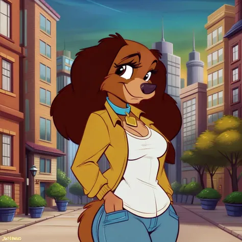 masterpiece, best quality, detailed, cocker spaniel, detailed eyes, perfect eyes, cocker spaniel, solo, smile, standing, outdoors, city, buildings, jeans, white shirt, jacket, open shirt, looking at viewer, collar, lady \(ladyandthetramp\), dog ear, animal nose, dog, furry, furry female, anthro, anthropomorphic, standing, uploaded on e621), (((by joelasko, by pepamintop, by jinu))), medium breasts,
<lora:Ladyv1.1:1>, body fur, closed mouth, perfect anatomy, brown eyes,