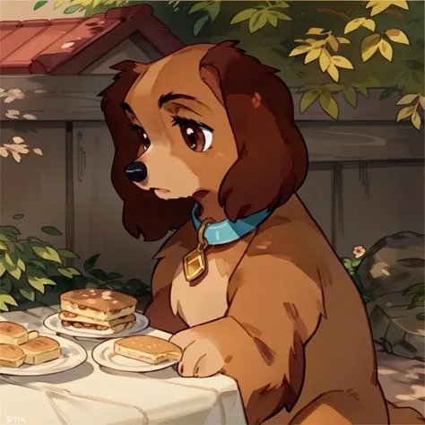 masterpiece, best quality, detailed, cocker spaniel, detailed eyes, perfect eyes, [:watercolor \(artwork\), monochrome:0.7], ((quadruped feral:1.25), (by Buta99, by Bebebebebe, by C-3Matome, by Fumiko:1.2), cocker spaniel, 1girl, brown hair, brown eyes, outdoors, food, collar, furry, plate, domestic dog, lady \(ladyandthetramp\), dog ear, animal nose, dog, no humans
 <lora:Ladyv1.1:1>