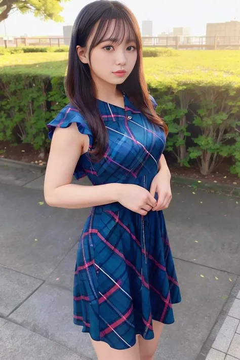 (skin blemish:1.2), (skindentation), black eye, 1woman, 25yo, (((woman))), solo, realistic, best quality, photorealistic, masterpiece, 8k, high res, solo, extremely detailed face, (professional lighting, bokeh), (light particles, lens flare, glowing particles:0.6), (dynamic pose:1.2), soft lighting, top angle view, fashionable and trendy atmosphere, japan, street, tokyo, park, garden, sea, ((daytime)), sky, ((looking at the viewer:1)), (looking at the camera),(portrait:0.6), cowboy shot, gorgeous, standing, keep original facial proportion, wide shoulder, full body, (small breast), (medium hair), gold hair, floating hair, lips, lipstick, seductive smile, floating hair, smile, open_mouth, teeth, short sleeve blue plaid one-piece dress, eyelashes, mole, (mole under eye:1), <lora:YabukiN4:0.8>