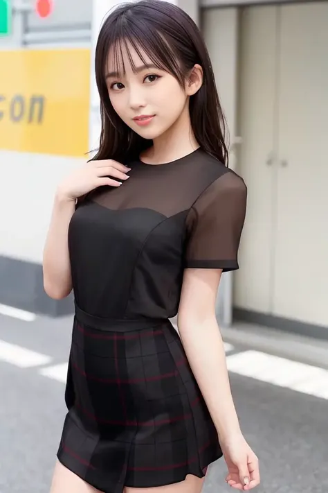 (skin blemish:1.2), (skindentation), black eye, 1woman, 25yo, (((woman))), solo, realistic, best quality, photorealistic, masterpiece, 8k, high res, solo, extremely detailed face, (professional lighting, bokeh), (light particles, lens flare, glowing particles:0.6), (dynamic pose:1.2), soft lighting, top angle view, fashionable and trendy atmosphere, japan, street, tokyo, city, ((daytime)), sky, ((looking at the viewer:1)), (looking at the camera),(portrait:0.6), cowboy shot, gorgeous, standing, keep original facial proportion, wide shoulder, full body, (small breast), (medium hair), gold hair, floating hair, lips, lipstick, seductive smile, floating hair, smile, open_mouth, teeth, short sleeve plaid one-piece dress, eyelashes, mole, (mole under eye:1), <lora:YabukiN3:0.8>
