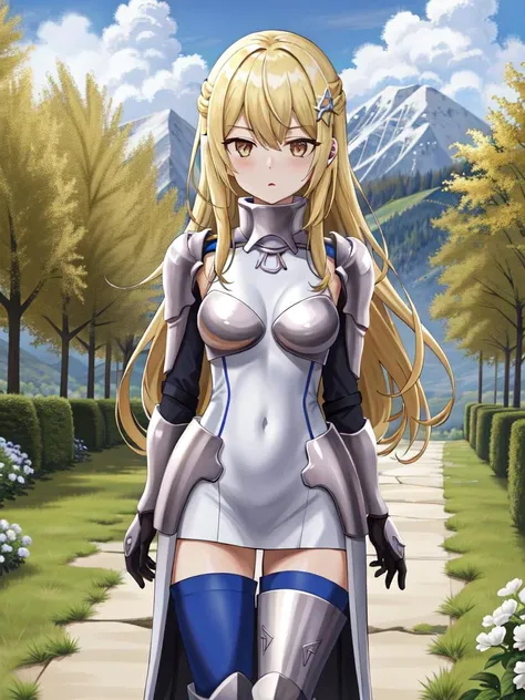 (((complete picture-perfect absurdres detailed, distinctive engraved details))) (alps in background, nature, 1girl, solo) (((overinsanely carefree life overload))) (<lora:ais trigger - ais from danmachi:1>beautiful ais, freshly polished shiny metal armor)
