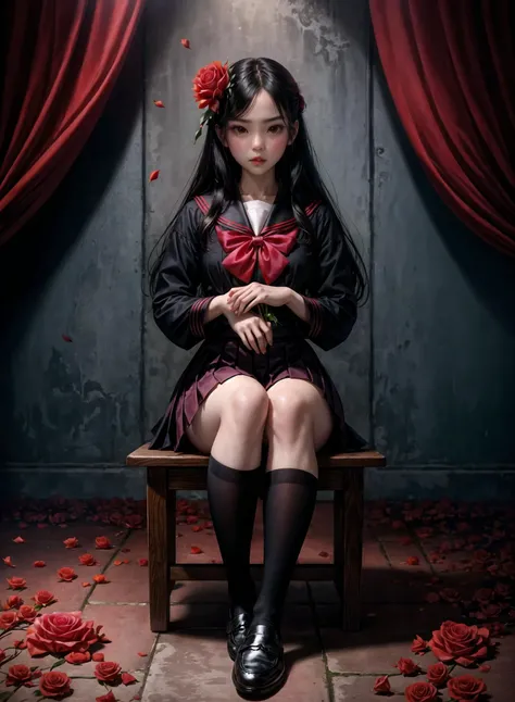 camellia, flower, red_flower, red_rose, rose, katana, 1girl, pink_rose, pink_flower, spider_lily, shoes, long_hair, school_uniform, serafuku, sheath, skirt, solo,  sheathed, vase, looking_at_viewer, sitting, orange_flower, pleated_skirt, rose_petals, black_shirt, black_legwear, black_skirt, hibiscus, very_long_hair, parted_lips, loafers, sailor_collar, black_hair, neckerchief