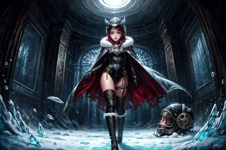 masterpiece, best quality, ultra-detailed, illustration, 1girl, solo, fisheye lens, from front, frozen wasteland, ice palace, clockworkpunk, fitted leather bodysuit with intricate metallic details and gears, flowing cape made of silk, thigh-high boots with metal accents, leather gloves, helmet adorned with clockwork details, red braids, (masterpiece,best quality:1.5), soft lighting,gorgeous light and shadow