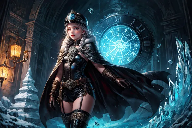masterpiece, best quality, ultra-detailed, illustration, 1girl, solo, fisheye lens, from front, frozen wasteland, ice palace, clockworkpunk, fitted leather bodysuit with intricate metallic details and gears, flowing cape made of silk, thigh-high boots with metal accents, leather gloves, helmet adorned with clockwork details, red braids, (masterpiece,best quality:1.5), soft lighting,gorgeous light and shadow