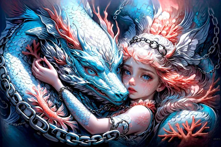 DragonCute, 1girl, dragon hug, close up, a mermaid is chained in the deep sea, (chain at the neck:1.3), (coral, fish:1.4) <lora:DragonCute-000004:0.8>, ultra realistic,32k,RAW photo,(high detailed skin:1.2), 8k uhd, dslr, soft lighting, high quality, film grain