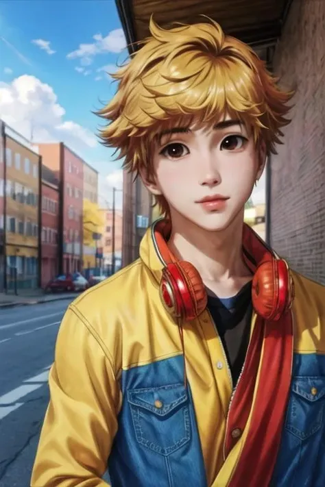 masterpiece, best quality, photorealistic, 1boy, solo, male focus, looking at viewer, upper body, , <lora:hideyoshi_nagachika:0.74>, hideyoshi_nagachika, blonde hair, brown eyes, , denim jeans, , ,