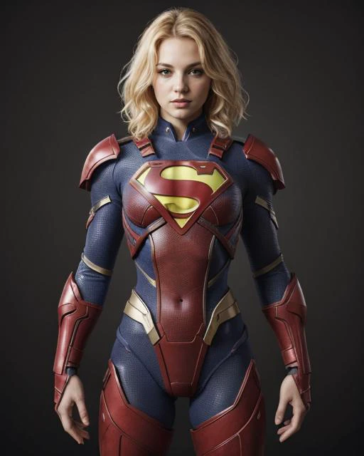 supergirl, blonde hair, red, blue, yellow, simple background, <lora:ArmorSuit_v01:0.35> armorsuit, science fiction, robot, power armor, sharp, clear, detailed, best quality, high quality, high resolution, best resolution, HD, HDR, 8K, masterpiece, 2D illustration, crosshatching, flat colors, inked, hand-drawn, deep shadows, epic, dynamic, cinematic