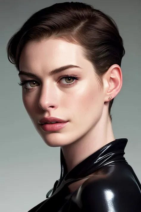 (CR-Ann3Hathaway-frankyfrank2k:0.9), (face closeup:1.1) photo of woman, grey background, (slick undercut hair:1.1), (oiled shiny skin:1.0), (tilted angle shot:1.0),
