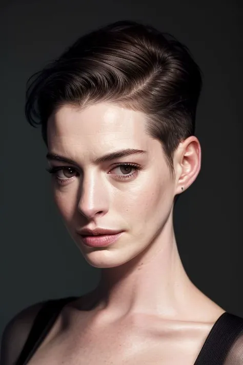 (CR-Ann3Hathaway-frankyfrank2k:0.9), (face closeup:1.0) photo of woman, grey background, (slick undercut hair:1.2), (oiled shiny skin:1.0), (tilted angle shot:1.0),