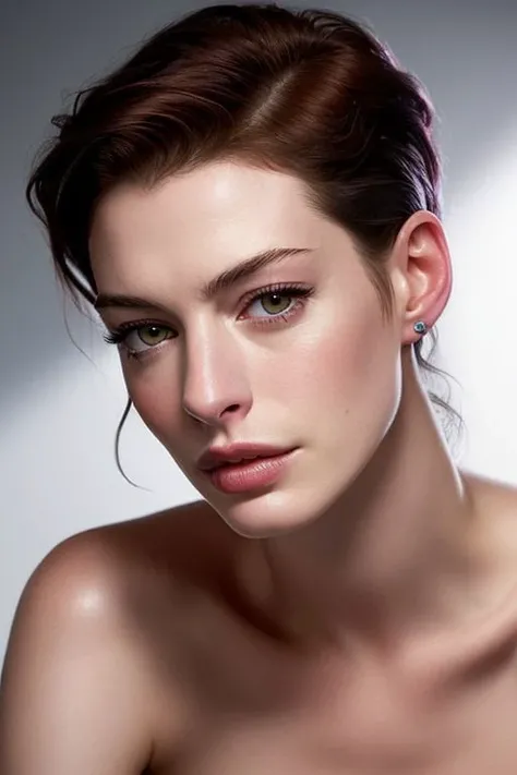 (CR-Ann3Hathaway-frankyfrank2k:0.9), (face closeup:1.0) photo of woman, (slick undercut hair:1.0), (oiled shiny skin:1.0), (tilted angle shot:1.0),