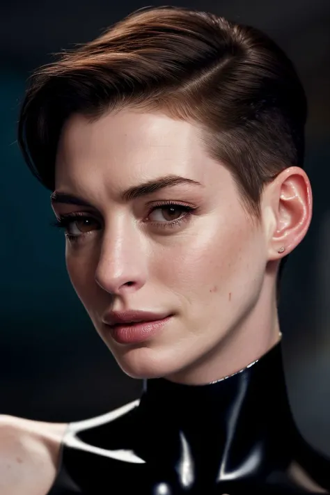 (CR-Ann3Hathaway-frankyfrank2k:0.9), (face closeup:1.1) photo of woman, grey background, (slick undercut hair:1.1), (oiled shiny skin:1.0), (tilted angle shot:1.0),