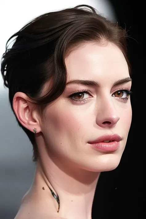 (CR-Ann3Hathaway-frankyfrank2k:0.9), closeup photo of woman, grey background, (slick undercut hair:1.1), (oiled shiny skin:1.0),