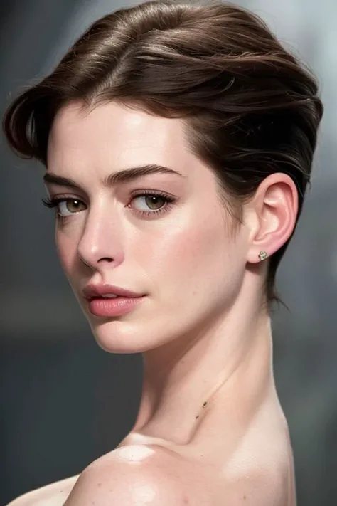 (CR-Ann3Hathaway-frankyfrank2k:0.9), photo of woman, grey background, (slick undercut hair:1.0), (oiled shiny skin:1.0), (tilted angle shot:1.0), (tilted head pose:1.0),