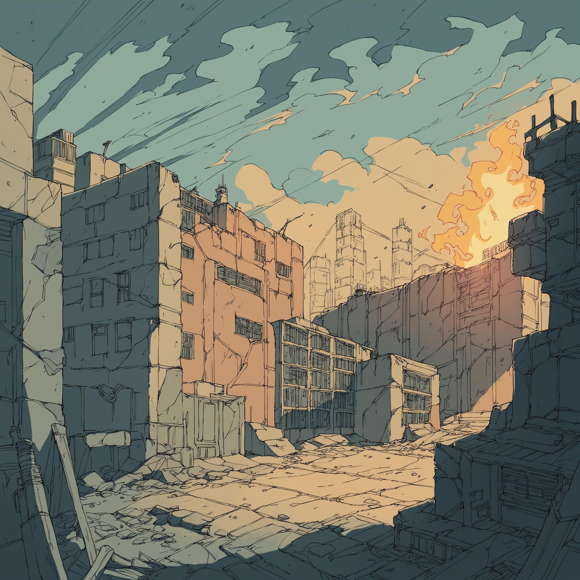 A close up of a painting of a city with a fire in the sky - SeaArt AI