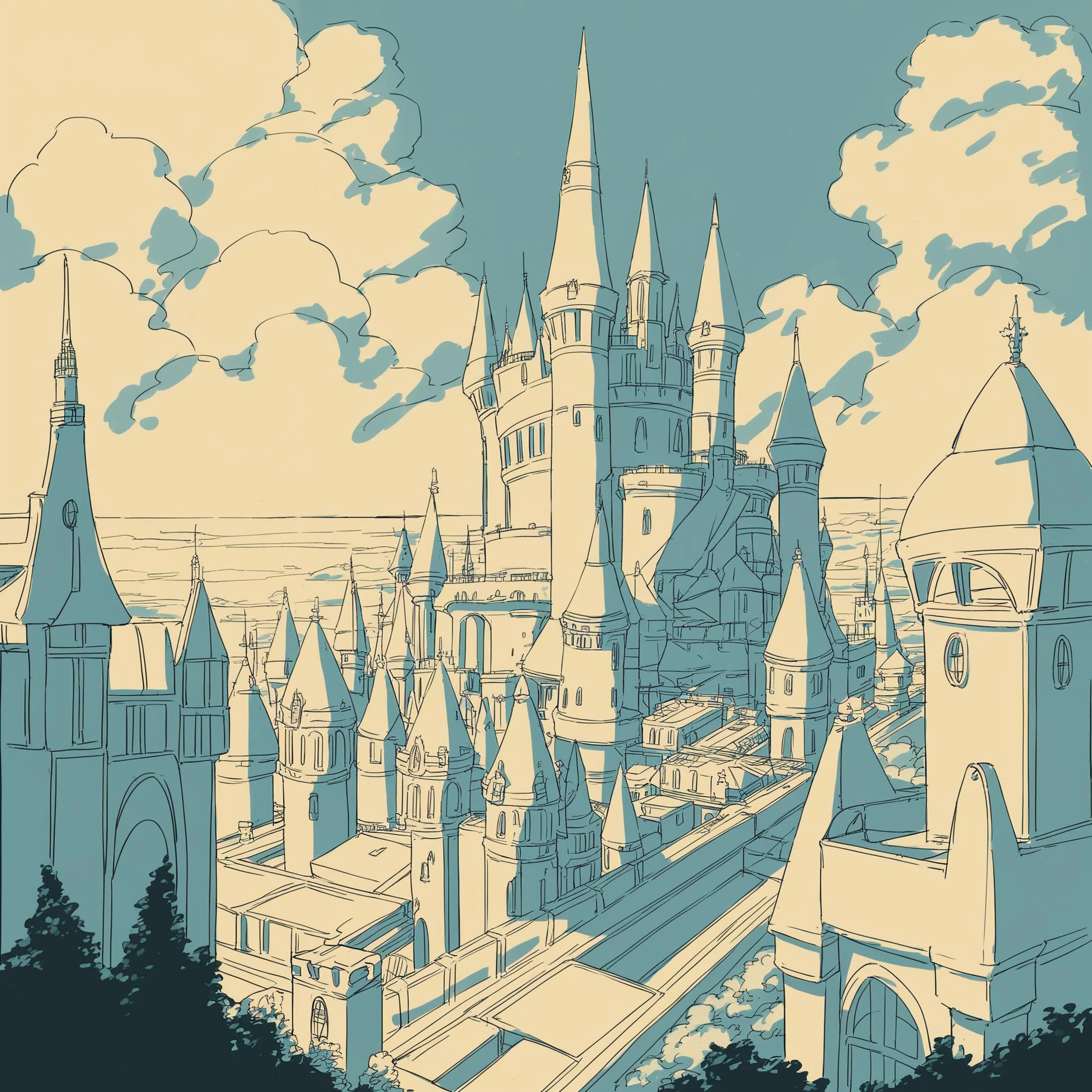 score_9, score_8_up, score_7_up, flat color, limited palette,wide shot, fisheye lens, whale, (castle:1.4), medieval, cloud, sky, bubble, scenery, outdoors, cityscape, blue theme, blue sky, surreal, skyscraper, fish, cloudy sky, underwater, no humans <lora:AnimeOriginalArtStyleShadow_PONYXL_d4a1:1> oamhfs, green theme, monochrome