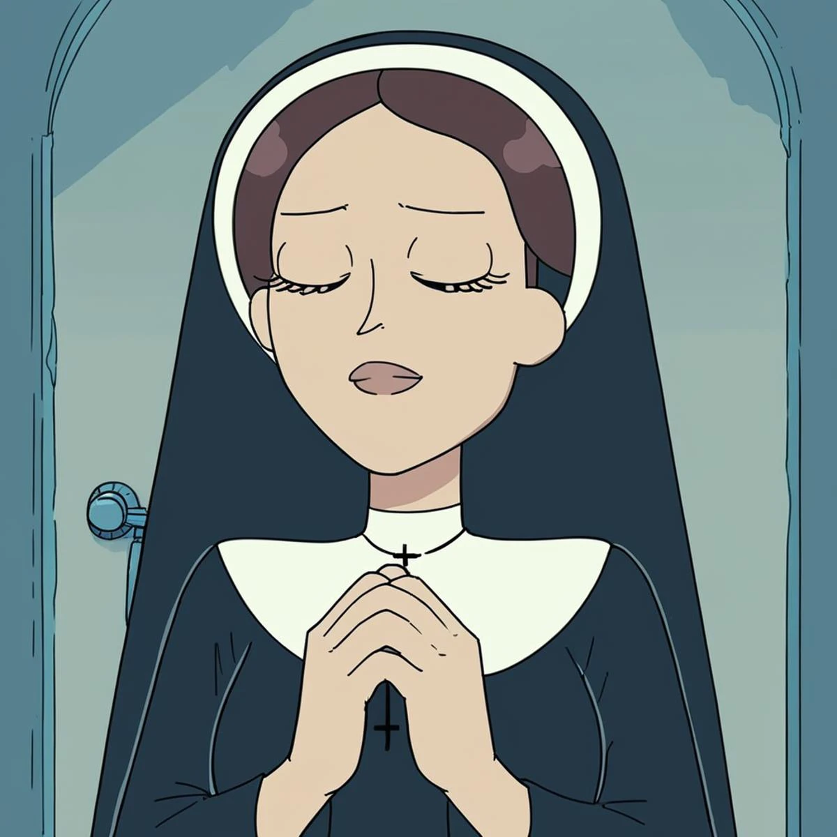 score_9, score_8_up, score_7_up, tr1c14l4,1girl,long hair,cross necklace,naked, school background, front view,nun outfit, praying, closed eyes, <lora:tr1c14l4:1> <lora:AnimeOriginalArtStyleShadow_PONYXL_d4a1:0.6> oamhfs, green theme, monochrome