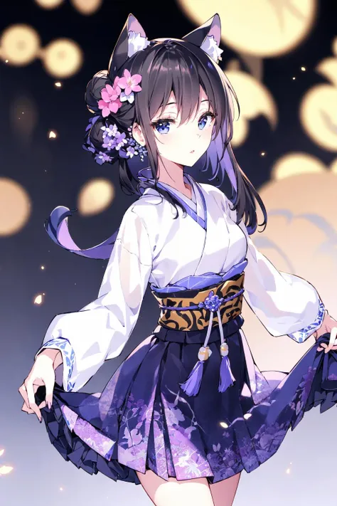masterpiece, best quality,PIXIV,
korean clothes, hanbok, 1girl, solo, blue eyes, animal ears, hair ornament, long sleeves, black hair, flower, hair flower, looking at viewer, bangs, tassel, closed mouth, braid, hair between eyes, floral print, blurry, sidelocks, traditional clothes, see-through, cat ears, animal ear fluff, ribbon, hair bun, purple ribbon, single hair bun, standing, blurry background, skirt hold, dress
 <lora:nardack_20230801103151:1>