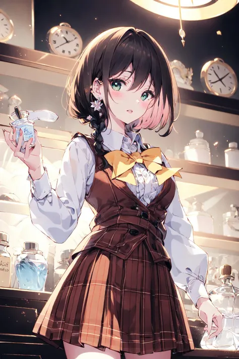 masterpiece, best quality,PIXIV,
1girl, solo, shirt, green eyes, long sleeves, indoors, white shirt, skirt, holding, bow, vest, brown hair, short hair, perfume bottle, bowtie, looking at viewer, red skirt, bangs, parted lips, puffy sleeves, bottle, knife, jar, yellow bow, clock, collared shirt, wavy hair, brown bow, frills, blush, red vest, juliet sleeves, standing, hair between eyes, gem, braid, jewelry
<lora:nardack_20230801103151:1>