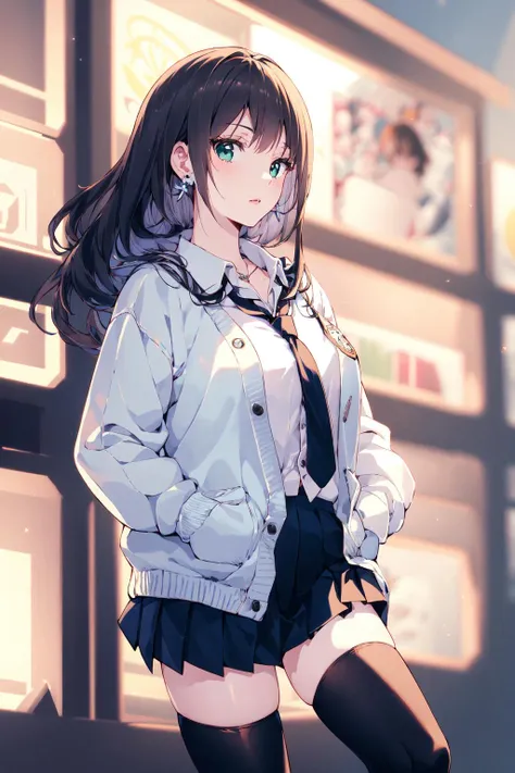 masterpiece, best quality,PIXIV,
1girl, shibuya rin, solo, long hair, thighhighs, green eyes, skirt, brown hair, school uniform, hands in pockets, cardigan, black thighhighs, bag, jewelry, earrings, necktie, profile, zettai ryouiki
 <lora:nardack_20230801103151:1>