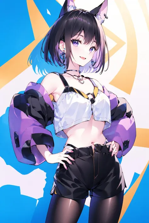 masterpiece, best quality,PIXIV,
1girl, solo, black hair, pantyhose, o-ring, purple eyes, breasts, shorts, looking at viewer, bare shoulders, hand on hip, smile, jewelry, short hair, earrings, animal ears, black shorts, collarbone, medium breasts, multicolored hair, midriff, virtual youtuber, fake animal ears, crop top, bangs, cowboy shot, closed mouth, long sleeves, puffy sleeves
 <lora:nardack_20230801103151:1>