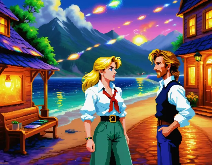 (VGA graphics, 256 colors, digitized), lcas artstyle, Guybrush Threepwood and an ugly pirate, sword fight, screaming match, insults, (detailed facial features), close up, forest, starry night, <lora:Lucasarts Artstyle - (Trigger is lcas artstyle):1>