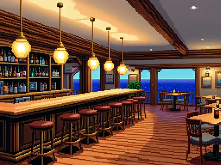 interior of a bar restaurant, lcas artstyle, cinematic liglhting, 150mm lens, <lora:Lucasarts Artstyle - (Trigger is lcas artstyle):1>, Artwork painting, Ultra-Wide Angle, 2d background, master piece, concept art, artstation, (flat shading:1.6), cinematic lighting, sharp focus, high detail, sharp, flat shading, cartoon shading,