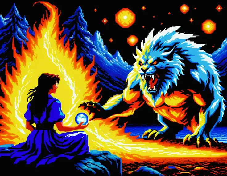 (VGA graphics, 256 colors, digitized), lcas artstyle, A beautiful deadly female enchanter casting an enchantment spell on a large furry monster, Slavic, Lovecraftian, eerie, tragic, mysterious, enticing, eternal, starry night, <lora:Lucasarts Artstyle - (Trigger is lcas artstyle):1>