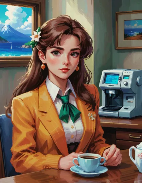 lcas artstyle, colorful, hand drawn, vibrant pastel colors, (bubblegum Vaporwave aesthetic), Legend of Mana graphics, An adorable (1980s Japanese Office Lady:0.99) serving a cup of coffee, (detailed facial features), gorgeous face, super cute, Ojousama, princess-like, rich girl, suit jacket, knee length skirt, expensive scarf, shoulder pads, femininity, Office Flower, Kobe-Kei New-Tora, fashionable college woman, bold eyebrow look, NEC PC-8801, Bubble Era, economic boom, bright primary colors, pumpkins, Nikon FM2, 35mm SLR, high quality, masterpiece, 8k,<lora:DiscoDeliriumXL-v1.2:1>, <lora:add-detail-xl:1> <lora:Lucasarts Artstyle - (Trigger is lcas artstyle):1>