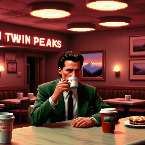 lcas artstyle, pixel art, scene from the tv show "Twin Peaks" , Agent Cooper drinking coffee in diner <lora:Lucasarts Artstyle - (Trigger is lcas artstyle):1>