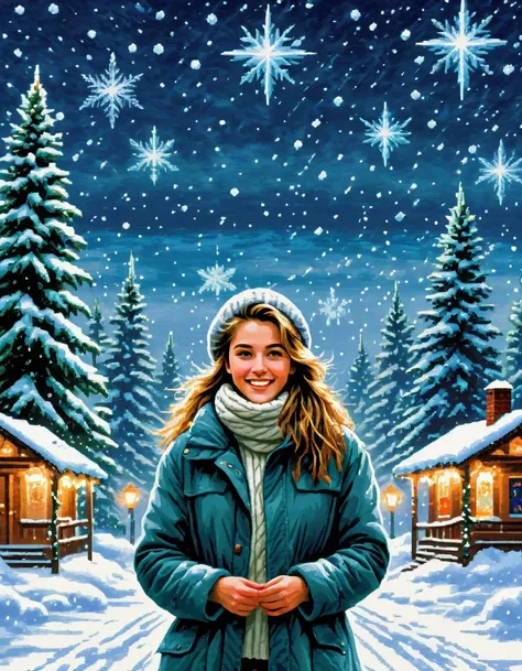 (VGA graphics, 256 colors, digitized), lcas artstyle, 1girl, cute, (detailed facial features), Christmas postcard, forest, Christmas trees, snow, Christmas lights, ultra detailed texture winter coat, snowstorm, icicles, blizzard, Seasons Greetings!, happiness, joy, fun, cheerful, <lora:Lucasarts Artstyle - (Trigger is lcas artstyle):1>