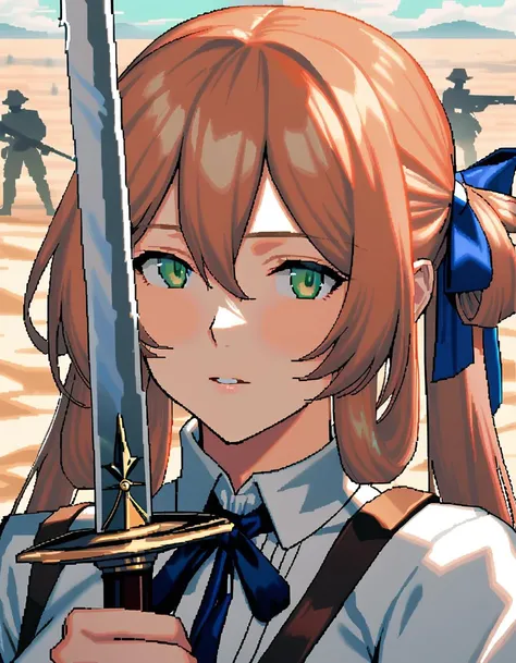 1girl, springfield, \(girls' frontline\), girls' frontline, lcas artstyle, holding ww1 sword, on battlefield, smoke, portrait focus, very aesthetic, best quality, <lora:Lucasarts Artstyle - (Trigger is lcas artstyle):1>