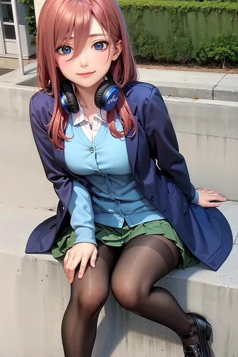 (masterpiece, best quality:1.2),highres,absurdres,,illustration,ultra-detailed,intricate detailed,
 <lora:NakanoMikuLoconLORA_v10:0.5>,
(1girl, solo:1.5), BREAK nakano miku, skirt, headphones around neck, pantyhose, (blue cardigan:1.2), green skirt, brick red hair, cardigan, blue eyes, long hair, smile, hair between eyes, jacket, pleated skirt, black footwear, closed mouth, looking at viewer, shirt, bangs, long sleeves, white shirt, school uniform, black pantyhose, blush, blue jacket, miniskirt, blazer, open clothes, shiny, shiny hair, brown pantyhose, open jacket, (thong:1.1),