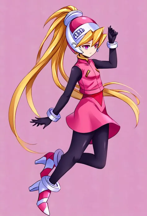 1girl, cielbase, helmet, blonde hair, very long hair, ponytail, pink vest, pink dress, bodystocking, arm stockings, pantyhose, high heels, anklet, bracelet
masterpiece, best quality, very aesthetic, absurdres,
