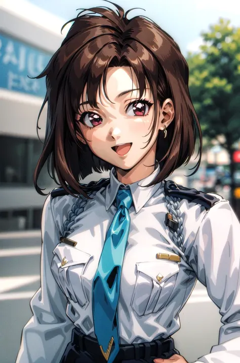 (masterpiece,best quality, detailed), 1girl, solo, outdoors, evening, upper body, smile, closed mouth,
tsujimoto natsumi, police uniform, blue necktie, white shirt, smile, open mouth, upper body, long sleeves, retro artstyle,  <lora:TsujimotoNatsumiV1-000008:0.9>,  <lora:more_details:0.5>