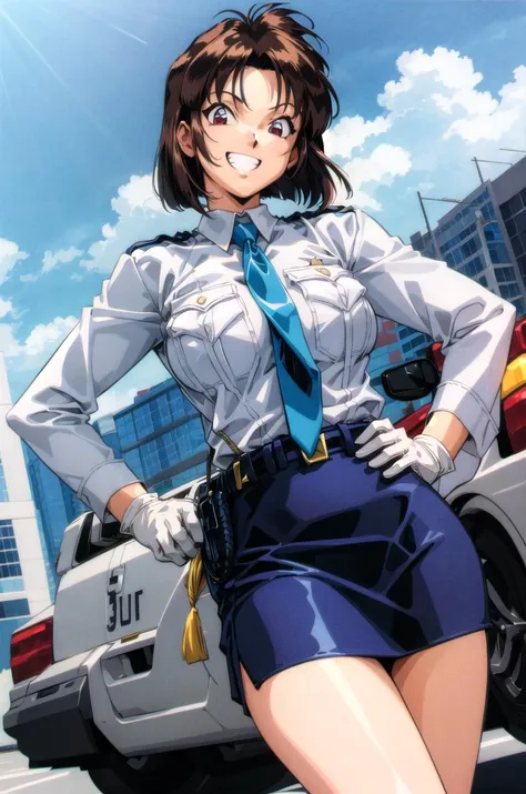 (masterpiece,best quality, detailed), 1girl, solo, outdoors, street, cowboy shot, legs apart, dutch angle, hand on hip, grin, looking at viewer,
tsujimoto natsumi, police uniform, blue necktie, white shirt, cowboy shot, long sleeves, white gloves, pencil skirt,  <lora:TsujimotoNatsumiV1-000008:0.9>, retro artstyle, <lora:more_details:0.4>