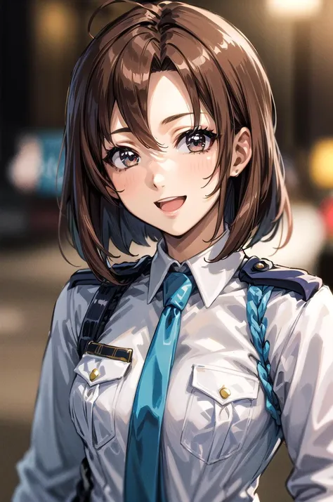 (masterpiece,best quality, detailed), 1girl, solo, outdoors, evening, upper body, smile, closed mouth,
tsujimoto natsumi, police uniform, blue necktie, white shirt, smile, open mouth, upper body, long sleeves, <lora:TsujimotoNatsumiV1-000008:0.9>, <lora:more_details:0.5>
