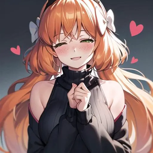 (masterpiece, best quality, excellent quality), ((1girl, solo)), ishmael_limbus, <lora:ishmaelLimbusCompany_v1:1> , close eyes, black turtleneck, bare shoulders, long sleeves, blush, heart hands, smile, looking at the viewer