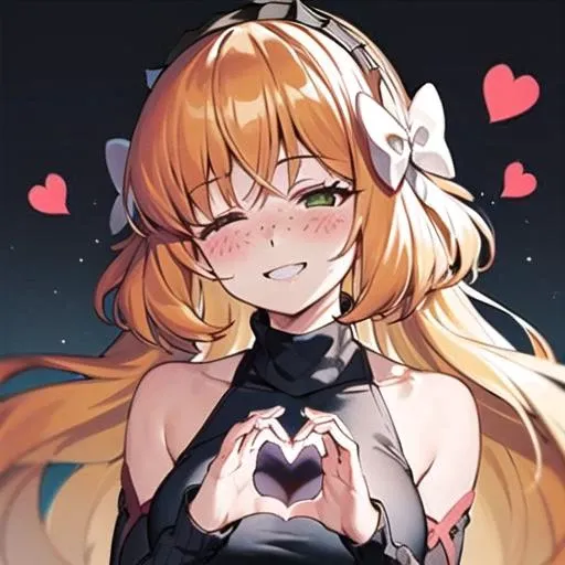 (masterpiece, best quality, excellent quality), ((1girl, solo)), ishmael_limbus, <lora:ishmaelLimbusCompany_v1:1> , ((close eyes)), black turtleneck, bare shoulders, long sleeves, blush, smile, looking at the viewer, heart hands,