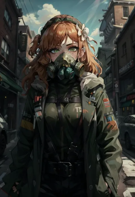 beautiful, (masterpiece:1.2), (best quality:1.2), perfect eyes, perfect face, perfect lighting, 1girl, solo, (detailed background),
postapoAI,
ishmael_limbus, orange hair, green eyes, long hair, freckle,
hoodie, gas mask, army pants, harness,
outdoors, city, sky, daytime, sun rays,
look at viewer, wide shot,
<lora:postapocalypseAI:0.65>,
<lora:ishmaelLimbusCompany_v1:1>,